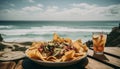 Gourmet guacamole and taco feast by the beach generated by AI