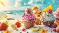 Gourmet ice-cream served in wafer cups in the golden sand on a tropical beach in summer with chocolate, vanilla and Royalty Free Stock Photo