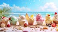 Gourmet ice-cream served in wafer cups in the golden sand on a tropical beach in summer with chocolate, vanilla and Royalty Free Stock Photo