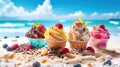 Gourmet ice-cream served in wafer cups in the golden sand on a tropical beach in summer with chocolate, vanilla and Royalty Free Stock Photo