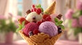 Gourmet Ice Cream Tower with Colorful Toppings and Waffle Cone on Display Royalty Free Stock Photo