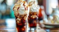 Gourmet Iced Coffee with Whipped Cream and Chocolate Drizzle in Cafe Royalty Free Stock Photo