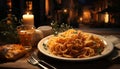 Gourmet Italian meal pasta, seafood, wine, candle, rustic decoration generated by AI