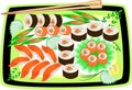 Gourmet Japanese national cuisine. The beautifully served dishes include seafood, sushi, rolls, caviar, rice, greens, sliced Royalty Free Stock Photo