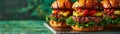 Gourmet Juicy Beef Burgers with Fresh Vegetables and Sesame Buns Served on Rustic Wooden Board for a Delicious Fast Food Meal Royalty Free Stock Photo