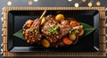 Gourmet lamb chops with roasted potatoes and rich sauce, elegantly plated with garnish Royalty Free Stock Photo