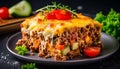 A gourmet lasagna plate with beef, mozzarella, and bolognese sauce, served with a healthy salad and fresh bread garnish Royalty Free Stock Photo