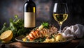 Gourmet lobster on a plate. White wine to go with the seafood. Recipe with tasty ingredients. Generative AI Royalty Free Stock Photo