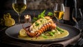 Gourmet lobster on a plate. White wine to go with the seafood. Recipe with tasty ingredients. Generative AI Royalty Free Stock Photo