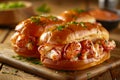 Gourmet Lobster Roll on Wooden Board.