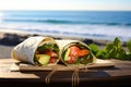 a gourmet lobster wrap placed on a seashore setup