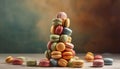 A gourmet macaroon stack, multi colored and indulgent, baked to perfection generated by AI