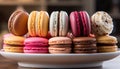 A gourmet macaroon stack, a sweet indulgence on a plate generated by AI