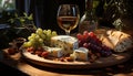 Gourmet meal fresh bread, wine, cheese, and grapes generated by AI Royalty Free Stock Photo