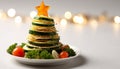 Gourmet meal, fresh vegetable stack, illuminated with Christmas lights generated by AI