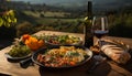 A gourmet meal outdoors wine, meat, bread, freshness, nature generated by AI