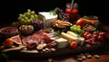 Gourmet meal variety of fruit, meat, and cheese generated by AI