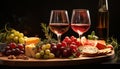 Gourmet meal wine, bread, cheese, prosciutto, tomato, and grapes generated by AI Royalty Free Stock Photo
