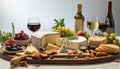 Gourmet meal wine, cheese, bread, fruit a perfect picnic generated by AI Royalty Free Stock Photo