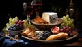 Gourmet meal wine, fruit, bread, cheese, freshness, wood generated by AI