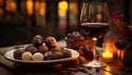 Gourmet meal, wineglass, candle, indulgence, elegance, autumn, nature, romance generated by AI Royalty Free Stock Photo