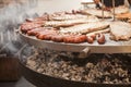 Gourmet meat pieces pork ribs, sausages, on a large grill . Royalty Free Stock Photo