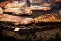 Gourmet meat pieces pork ribs, sausages, on a large grill . Royalty Free Stock Photo