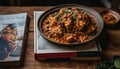 Gourmet meat and veggie lunch on wooden table generated by AI