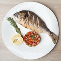 Gourmet Mediterranean seafood dish. Grilled fish gilthead with v Royalty Free Stock Photo