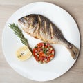 Gourmet Mediterranean seafood dish. Grilled fish gilthead with v