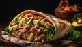 Gourmet Mexican beef taco with fresh guacamole on flatbread wrap generated by AI