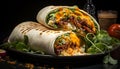 Gourmet Mexican lunch Grilled beef burrito with fresh vegetables generated by AI Royalty Free Stock Photo