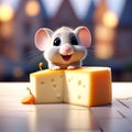 Gourmet Mouse Delight: A Cute Tiny Mouse Holding a Piece of Luxury Cheese, Evoking the Charm of Pixar\'s Ratatouille