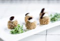 Gourmet organic scotch quail eggs starter snack on table Royalty Free Stock Photo