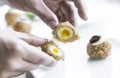 Gourmet organic scotch quail eggs starter snack on table Royalty Free Stock Photo