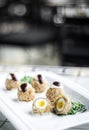 Gourmet organic scotch quail eggs starter snack on table Royalty Free Stock Photo