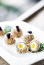 Gourmet organic scotch quail eggs starter snack on table Royalty Free Stock Photo