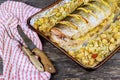 Gourmet oven-baked pink salmon with thinly sliced as a delicious seafood starter to a dinner Royalty Free Stock Photo