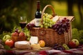 gourmet picnic basket filled with wine, cheese, and fresh fruit Royalty Free Stock Photo