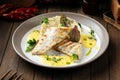 Pike perch fillet on couscous and bearnaise sauce Royalty Free Stock Photo