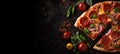 Gourmet pizza with assorted toppings on black stone background, top view with empty space for text