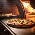 A gourmet pizza being slid into a wood-fired oven2 Royalty Free Stock Photo