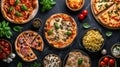 Gourmet pizza selection. Different types of pizzas. Italian cuisine. Variety of pizzas on a wooden board. Top view. Various taste Royalty Free Stock Photo