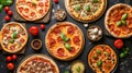 Gourmet pizza selection. Different types of pizzas. Italian cuisine. Variety of pizzas on a wooden board. Top view. Various taste Royalty Free Stock Photo