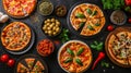 Gourmet pizza selection. Different types of pizzas. Italian cuisine. Variety of pizzas on a wooden board. Top view. Various taste Royalty Free Stock Photo