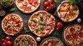 Gourmet pizza selection. Different types of pizzas. Italian cuisine. Variety of pizzas on a wooden board. Top view. Various taste Royalty Free Stock Photo