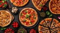 Gourmet pizza selection. Different types of pizzas. Italian cuisine. Variety of pizzas on a wooden board. Top view. Various taste Royalty Free Stock Photo