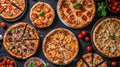 Gourmet pizza selection. Different types of pizzas. Italian cuisine. Variety of pizzas on a wooden board. Top view. Various taste Royalty Free Stock Photo