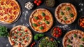 Gourmet pizza selection. Different types of pizzas. Italian cuisine. Variety of pizzas on a wooden board. Top view. Various taste Royalty Free Stock Photo