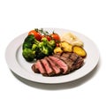 A gourmet plate with delicious looking beef and a side of vegetables and sauce. White isolated.
